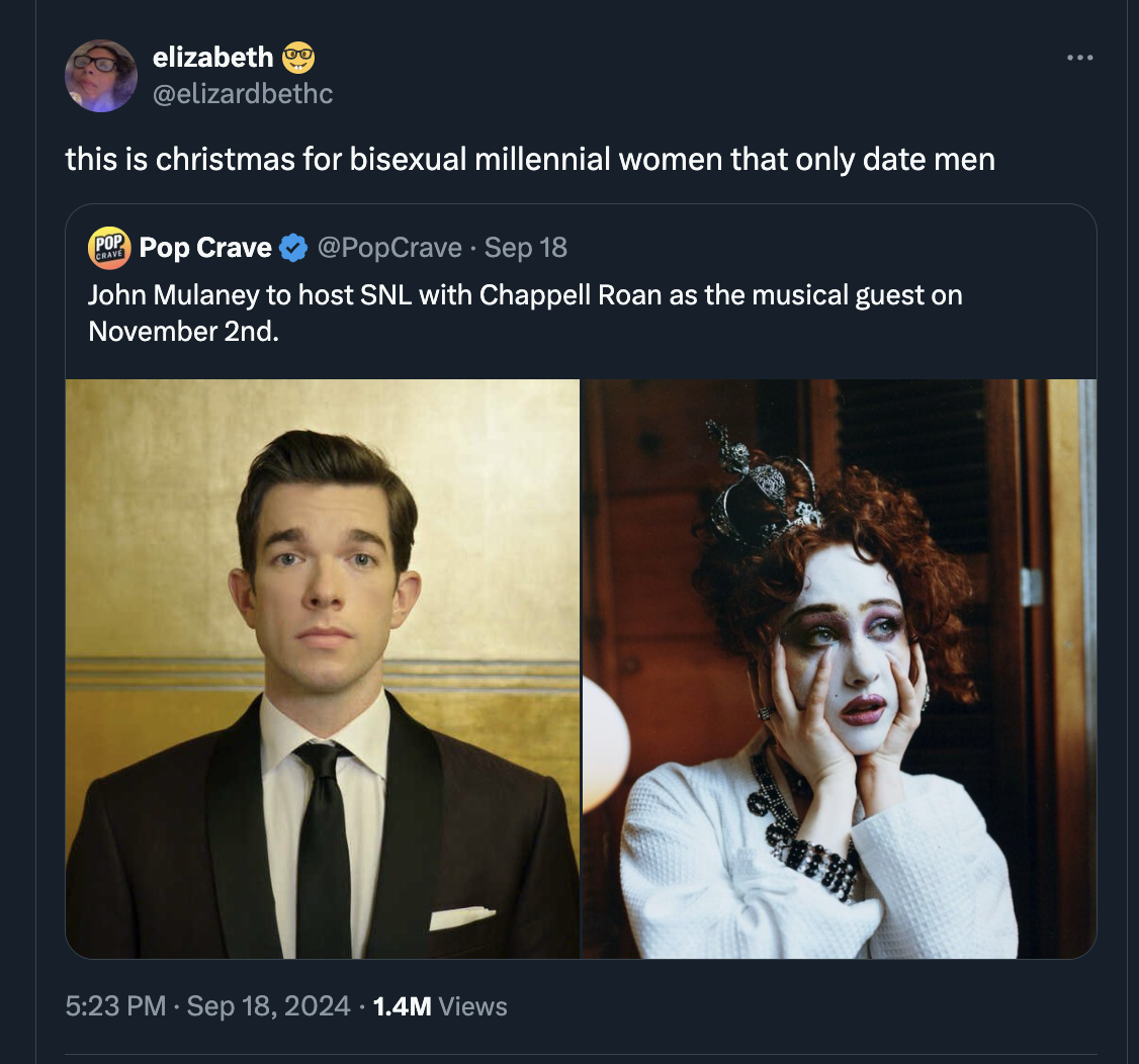 john mulaney - elizabeth this is christmas for bisexual millennial women that only date men Pop Crave Sep 18 John Mulaney to host Snl with Chappell Roan as the musical guest on November 2nd. 1.4M Views